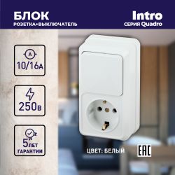 Блок розетка с выключателем Intro Quadro 2-705-01 вертикальный 10А-250В, IP20, ОУ, белый
