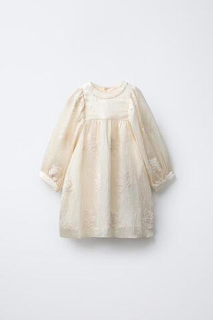 ZARA ПЛАТЬЕ С ВЫШИТЫМИ ЦВЕТАМИ, ЭКРЮ