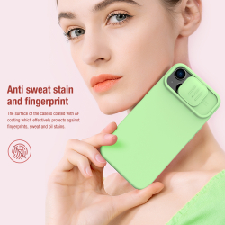 Чехол с шелковистым покрытием зеленого цвета (Mint Green) от Nillkin для iPhone 15, серия CamShield Silky Magnetic Silicone Case (поддержка беспроводной зарядки MagSafe)