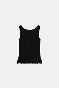 ZARA ТРИКОТАЖНЫЙ ТОП С ВОЛНИСТЫМ КРАЕМ, ЧЕРНЫЙ