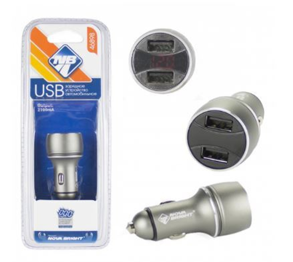46898 З/У "Nova Bright" 2 USB-порта, 2100мА + цифровой LED вольтметр,  12/24В