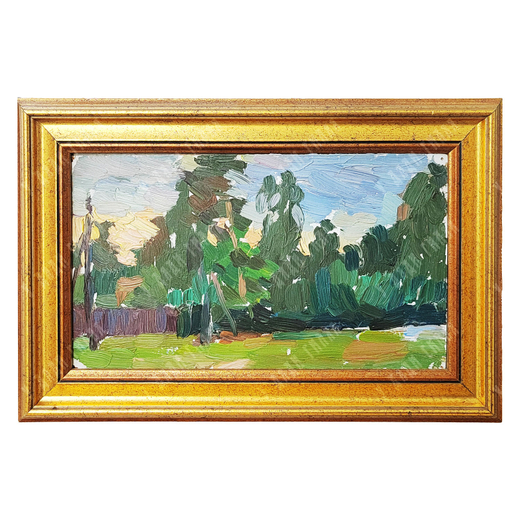 Динес Ю. С. Дачи и лес на закате. Подмосковье. Картон, масло. 1950-е гг.
