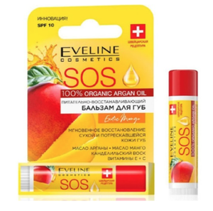 Eveline ПИТАТЕЛЬНО-ВОССТАНАВЛИВАЮЩИЙ БАЛЬЗАМ ДЛЯ ГУБ - EXOTIC MANGO серии SOS 100% ORGANIC ARGAN OIL