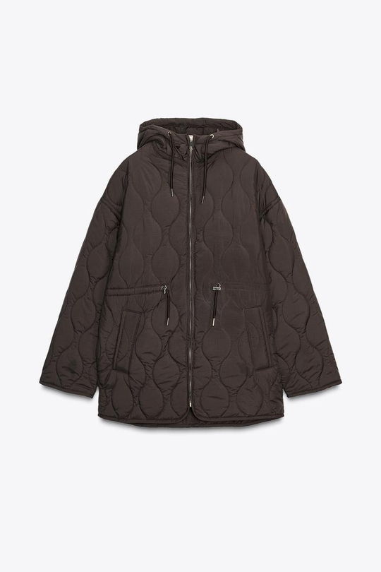 ZARA СТЕГАНАЯ КУРТКА С КАПЮШОНОМ WATER REPELLENT, СЕРО-КОРИЧНЕВЫЙ