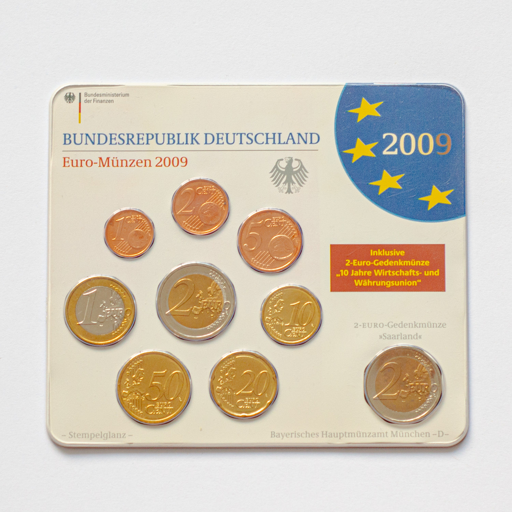 Germany 2009 Year Set (D: Munich) + 2 x 2 Euro: "Ludwigskirche in Saarbrücken" and "10th Anniversary of Economic and Monetary Union"