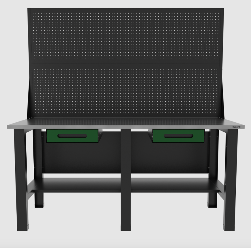 Верстак бестумбовый с двумя экранами и двумя ящиками, серый/ Стол для слесарных работ 1800*700 GAROPT, Gt1800STY1Y1PP2.grey Верстак бестумбовый с двумя экранами и двумя ящиками, зеленый/ Стол для слесарных работ 1800*700 GAROPT, Gt1800STY1Y1PP2.green