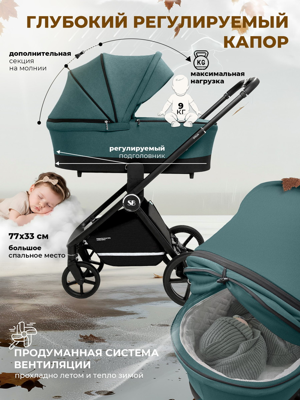 Коляска 4 в 1 Sweet Baby Stella + автокресло Elegante Plus с базой i-Size ISOFIX DK780 Green