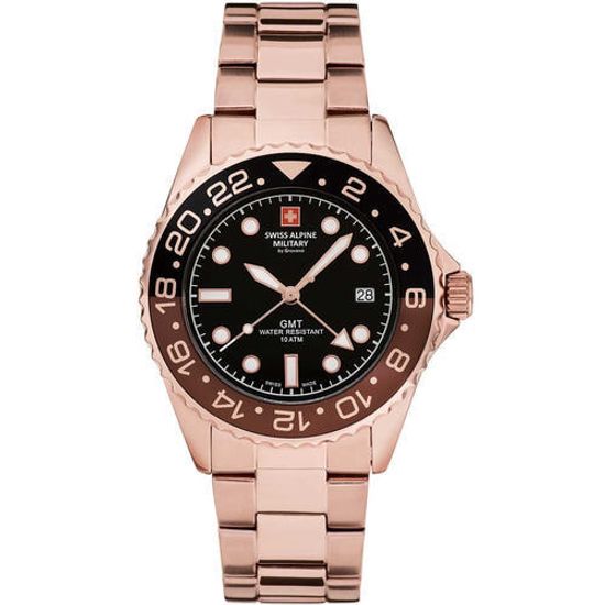 С браслетом Мужские наручные часы с золотистым браслетом Swiss Alpine Military 7052.1164 GMT diver 42mm 10ATM