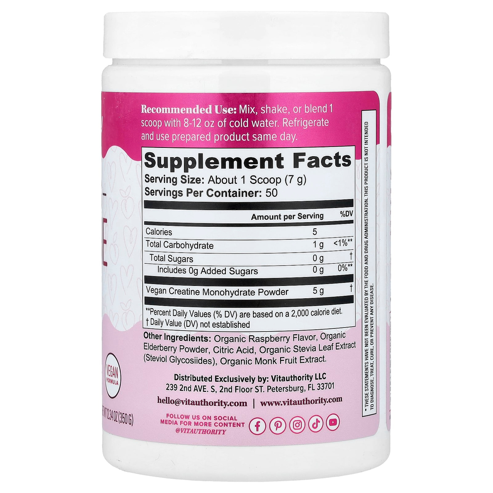 Vitauthority, Active, моногидрат креатина для женщин, малина, 350 г (12,34 унции)