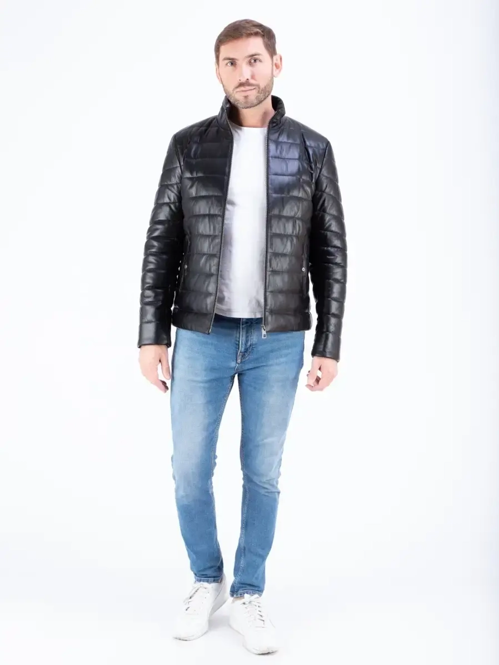 Куртка мужская из натуральной кожи стеганая,  утепленная