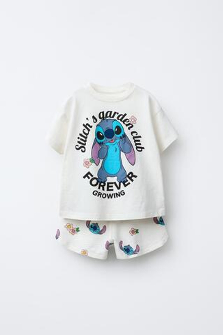 ZARA КОМПЛЕКТ ИЗ ШОРТОВ И ФУТБОЛКИ С ПРИНТОМ LILO & STITCH © DISNEY, ЖЕЛТОВАТО-БЕЛЫЙ