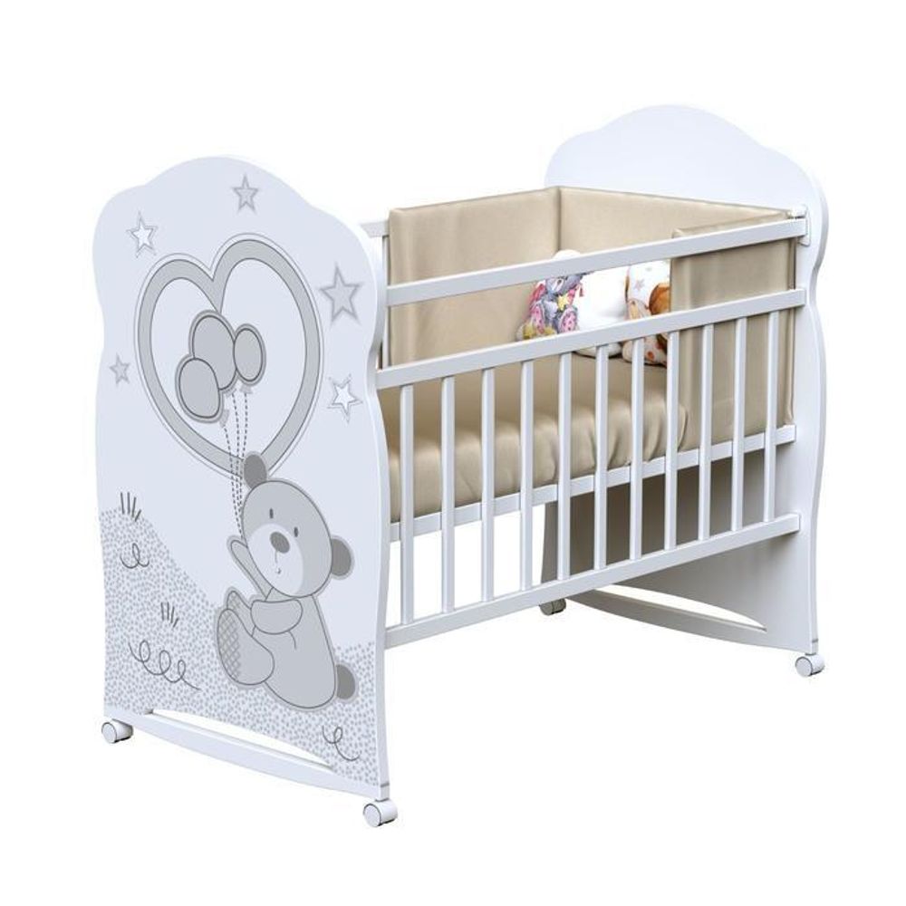 Кровать детская ЛДСП NEW TOBY колесо-качалка с маятником (белый-серый)