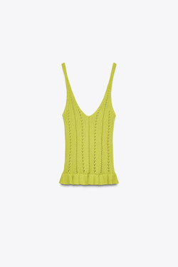 ZARA ТРИКОТАЖНЫЙ ТОП С ВОЛАНАМИ И ПЕРФОРАЦИЕЙ, ЗЕЛЕНЫЙ