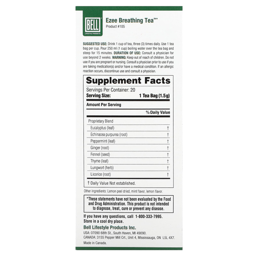 Bell Lifestyle, Ezee Breathing Tea, успокаивающая травяная смесь, 20 чайных пакетиков, 30 г