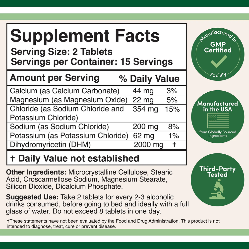 Double Wood Supplements - DHM 1000 (Dihydromyricetin + Electrolytes) - 30 x 1000 mg tablets
