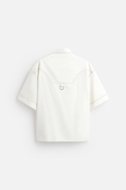 ZARA РУБАШКА ИЗ ХЛОПКА И ЛИОЦЕЛЛА С ДЕКОРАТИВНОЙ СТРОЧКОЙ, БЕЛЫЙ