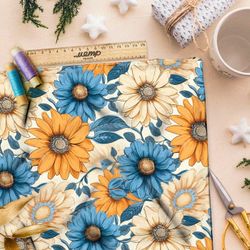 Ткань Ниагара Софт голубые и оранжевые цветы