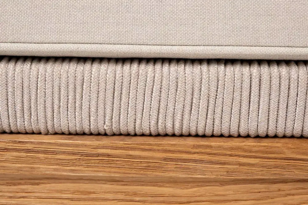 "Канны" левый модуль плетеный из роупа, основание дуб, роуп бежевый круглый, ткань бежевая 052
