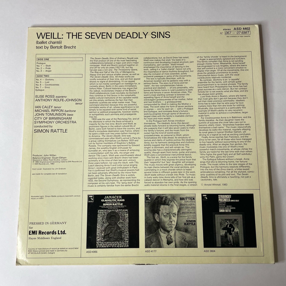 Винтажная виниловая пластинка LP Kurt Weill, Elise Ross, Simon Rattle, The Seven Deadly Sins Семь Смертных Грехов (Англия 1983)