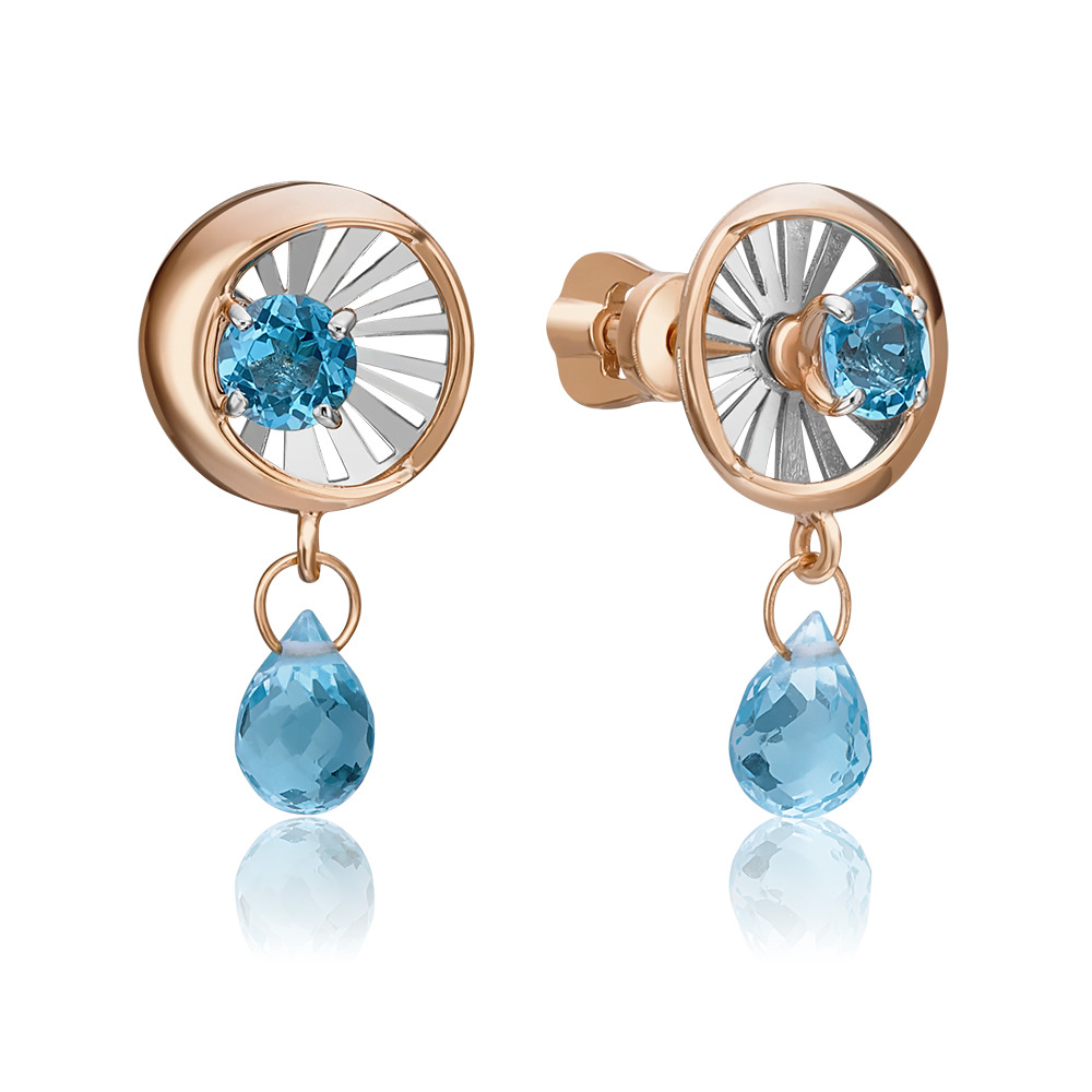 Серьги-пусеты «Два солнца» из комбинированного золота с топазами