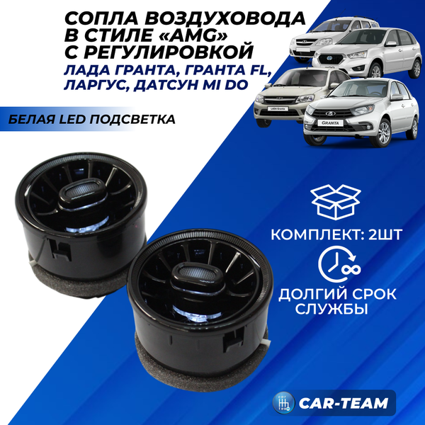 Сопла панели приборов (регулированные) Лада Гранта, Калина 2, Гранта FL, Ларгус, Renault Logan, Duster, Kaptur в стиле AMG (mini ver 3.0) c белой подсветкой