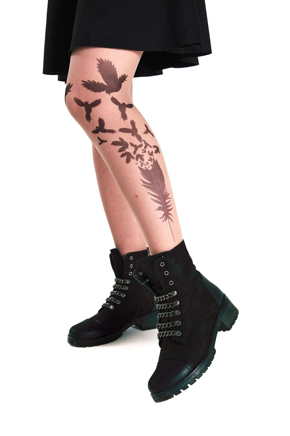 Колготки с принтом в виде пера и летящих птиц (Размер: S-M-L) (Цвет: бежевый)