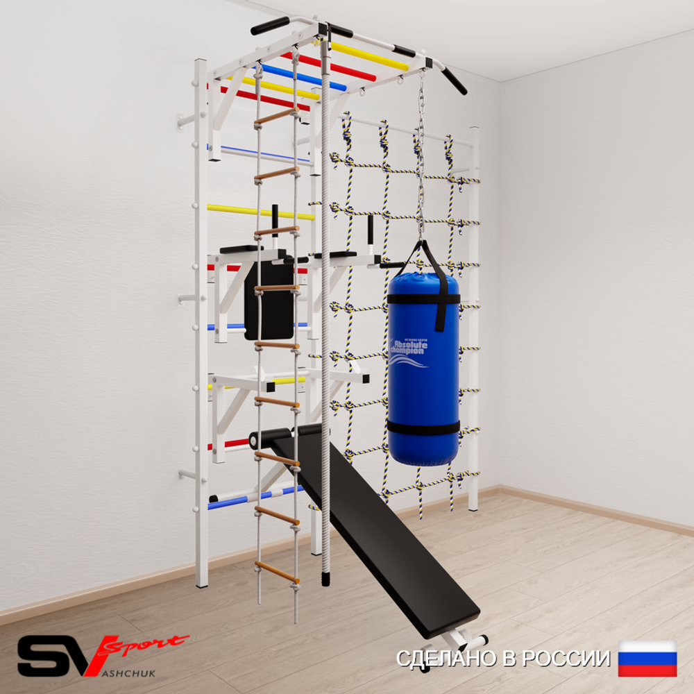 Шведская стенка Sv Sport усиленная 66510 (Турник рукоход/Брусья/Стойка/Скамья/Канат/Лестница/Цепь/Мешок 15кг/Канатный лаз)