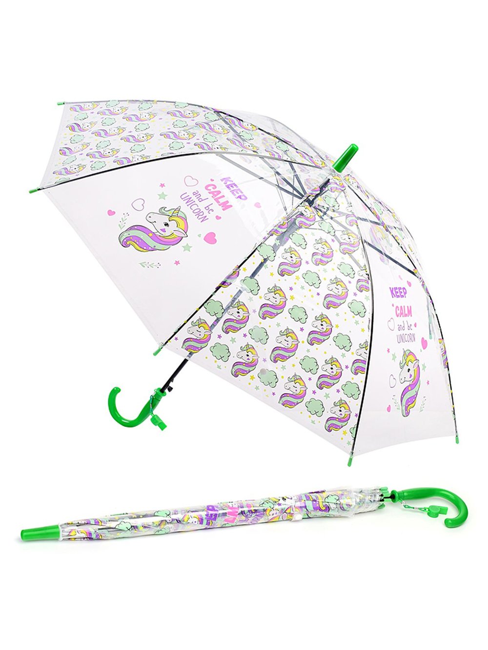 Зонт детский с рисунком Единорожки зеленый