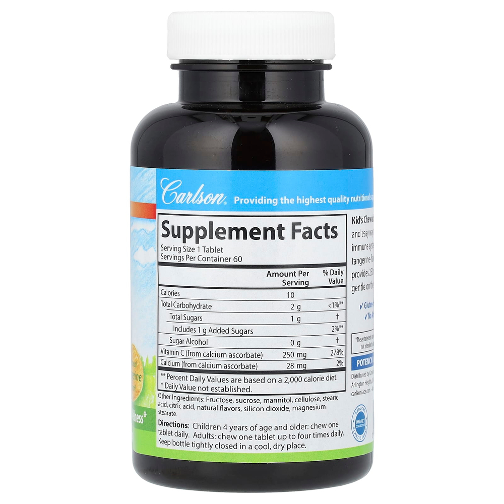 Carlson, Kid's, детские жевательные таблетки с витамином C, натуральный мандарин, 250 мг, 60 вегетарианских таблеток