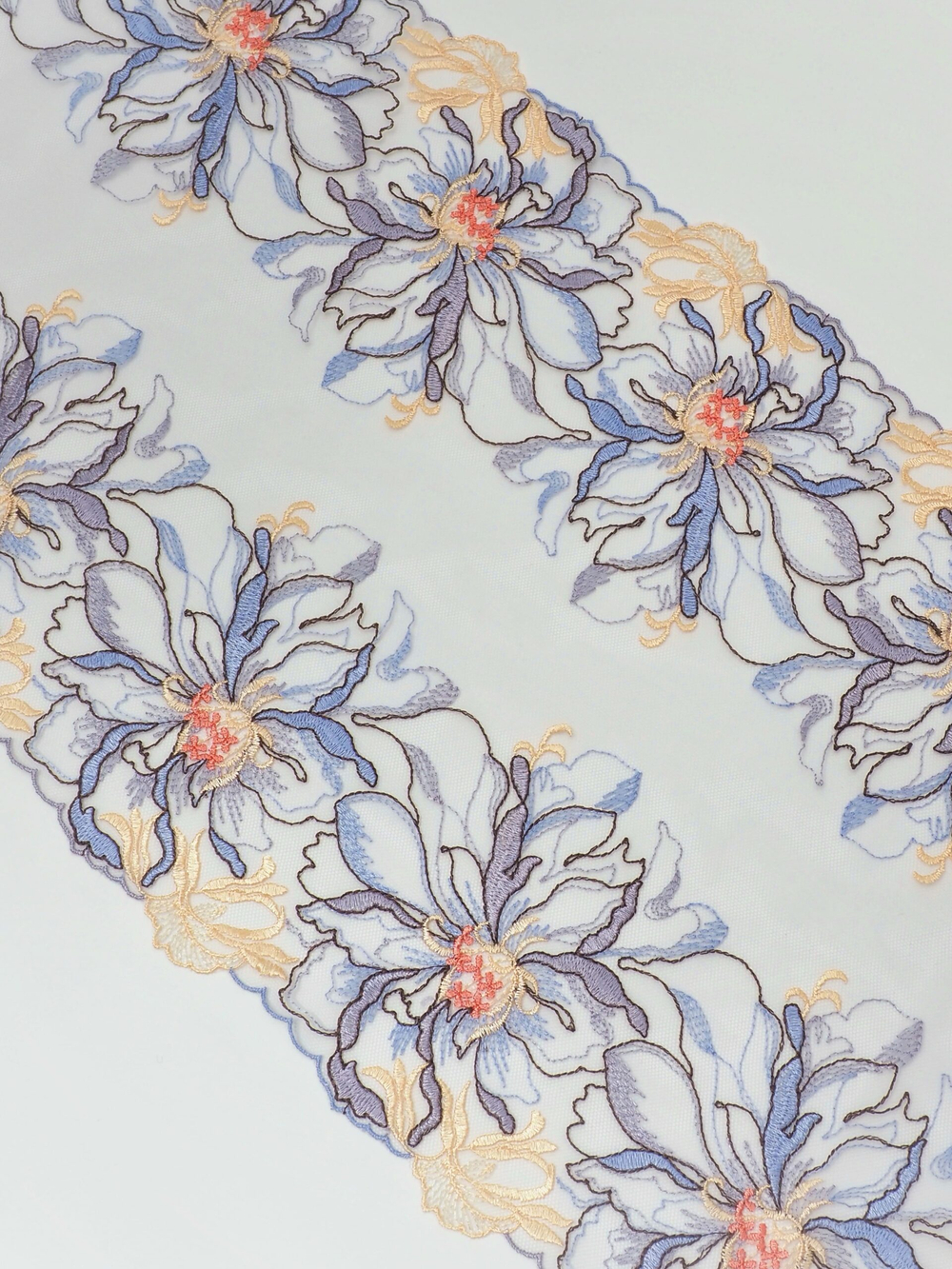 Кружево вышивка на сетке цвет мультиколор (исландский голубой, светло-желтый, оранжевый, шоколад) неэластичная ширина 27 см