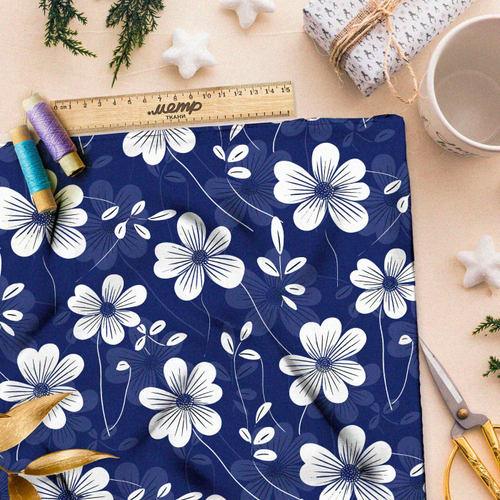 Ткань Ниагара Софт белые цветы на синем