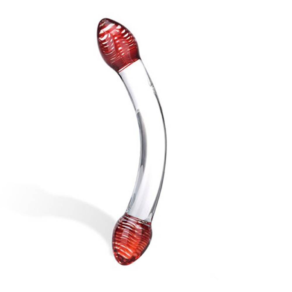 Изогнутый двусторонний фаллос из стекла Red Head - 22 см.