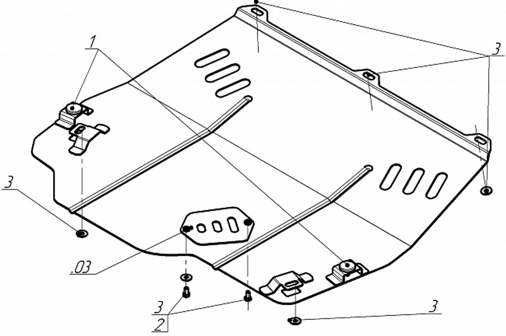 Защита картера двигателя, КПП. 2 мм, Сталь. для Renault Laguna III 2007-2015, Motodor.01703
