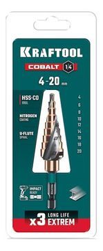 KRAFTOOL COBALT 4-20мм, 9 ступеней, азотирование, винтовая спираль, сверло ступенчатое(29691-4-20-9)