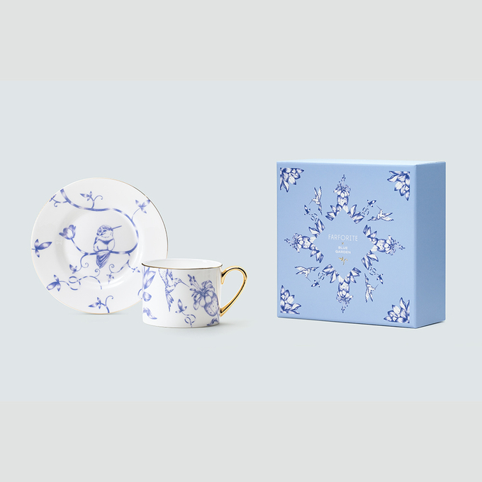 Чайная пара Farforite «Белая / Blue Garden» 250 мл в подарочной коробке