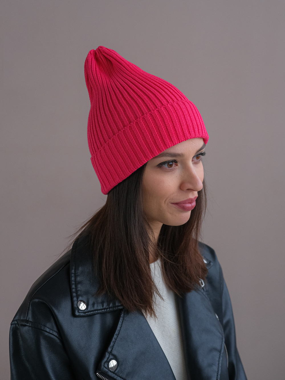 Шапка вязаная-резинка весенняя/осенняя хлопковая КЭП(Фуксия)