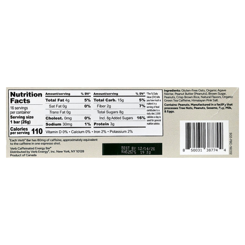 Verb Energy, Caffeinated Energy Bars, Peanut Butter Crunch, 16 Bars, 0.92 oz (26 g) Each