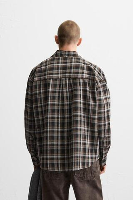 ZARА РУБАШКА RELAXED FIT В КЛЕТКУ, ЧЕРНЫЙ-КОРИЧНЕВЫЙ