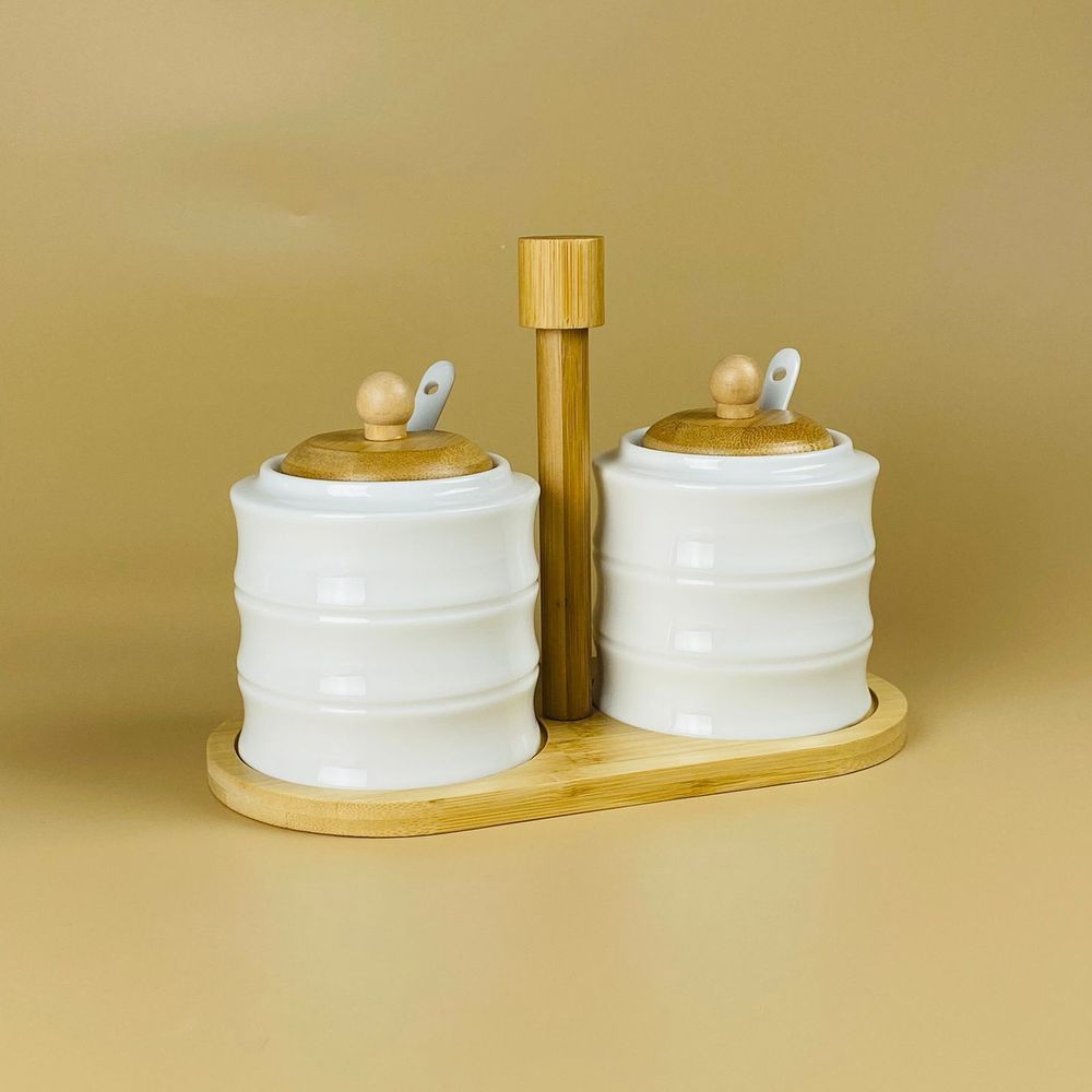 Lenardi 140-156 Набор из 2 банок 320мл для специй с ложками на подставке BAMBOO в под.уп.(х24)Фарфор