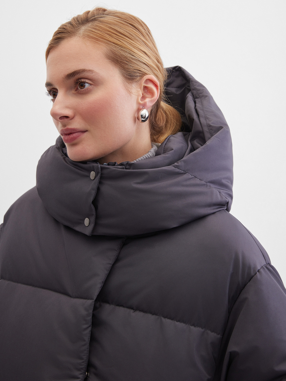 NEW❤️ MIDI пуховик с объемным капюшоном, DARK GREY🌚🌚🌚