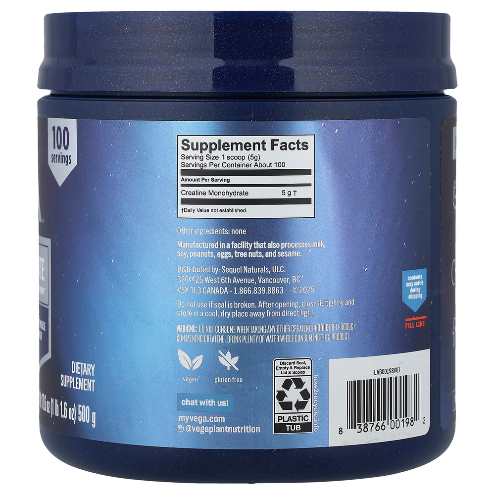 Vega, моногидрат креатина, без добавок, 500 г (1 фунт, 1,6 унции)