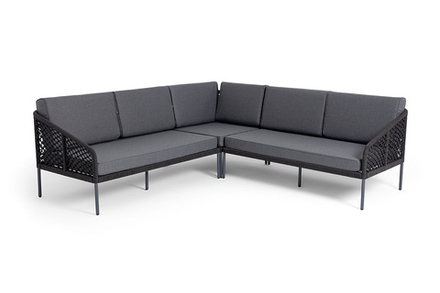 "Канны" диван модульный плетеный из роупа (узелки), каркас алюминий темно-серый (RAL7024) муар, роуп темно-серый круглый, ткань темно-серая 027