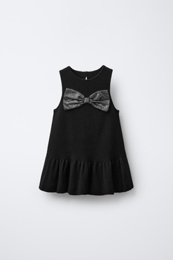 ZARA ТРИКОТАЖНОЕ ПЛАТЬЕ С БЛЕСТЯЩИМ БАНТОМ, ЧЕРНЫЙ