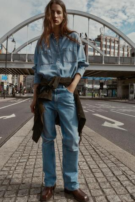 ZARA ДЖИНСОВАЯ РУБАШКА ОВЕРСАЙЗ, ВЫЦВЕТШИЙ СИНИЙ