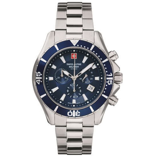 С браслетом Мужские наручные часы с серебряным браслетом Swiss Alpine Military 7040.9135 chrono 46mm 10ATM