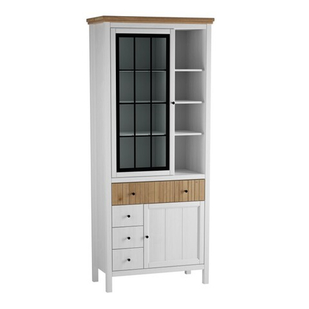 Шкаф для посуды «Сканди» 1 стеклянная, 1 глухая дверь и ящики белый/антик