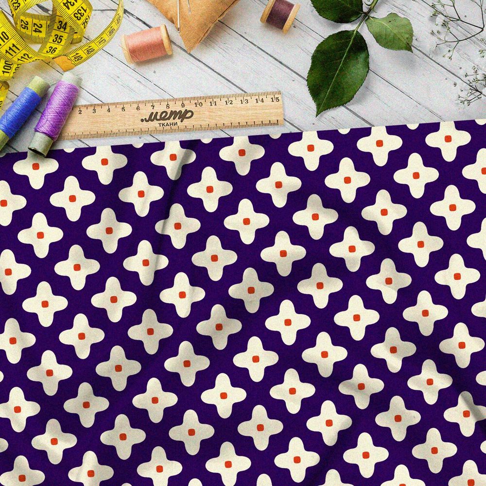 Ткань оксфорд 210 белые крестики с точкой на фиолетовом фоне