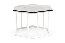 "Женева" интерьерный стол из HPL шестиугольный, D50, H35, цвет "мрамор пепел", каркас из стали белый муар