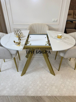 Круглый раздвижной стол "Бонжур", керамогранит, белый мрамор и стулья "Версаль"