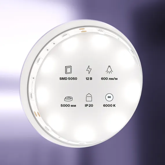 Светодиодная лента 12В 5050 7,2Вт/м 6000K 5м IP20 Led Strip 10122